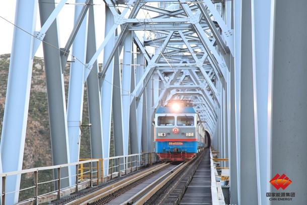 图为列车正在通过新朔铁路大准线黄河特大桥